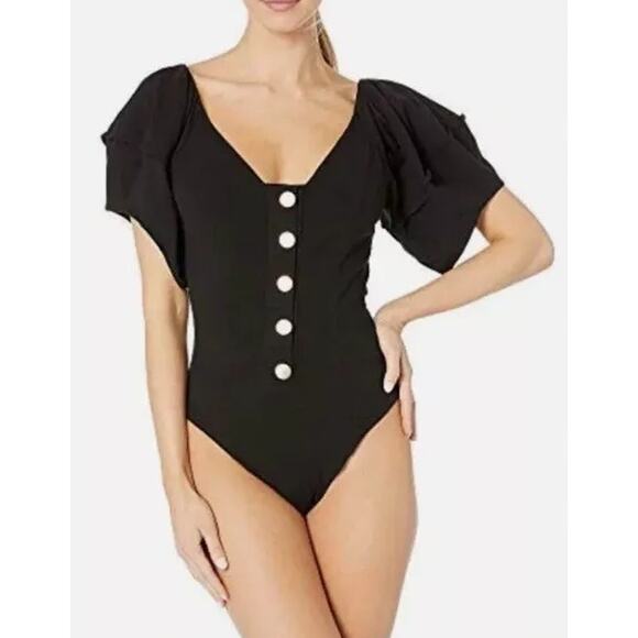 Free People Intimately Not So Basic Bodysuit Womens Large Black Puff Sleeves - Picture 5 of 12